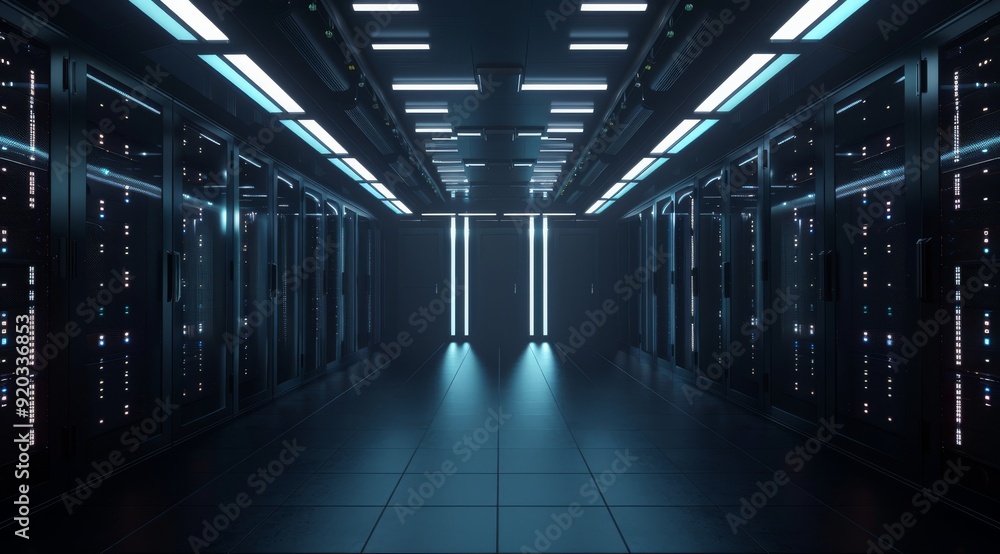 Poster this is a cuttingedge modern data center that features multiple server racks and uses ambient led li