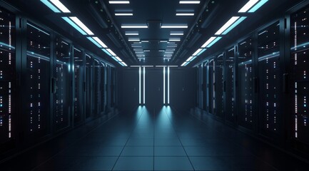 Fototapeta premium This is a cuttingedge modern data center that features multiple server racks and uses ambient LED lighting