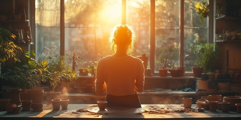 Serene Potter's Workshop at Sunset: Crafting Clay in Warm Light, generative ai