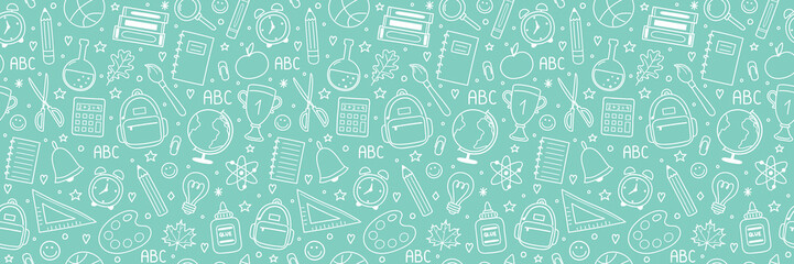 School texture with cartoon stationery. Back to school background design. Banner. Vector illustration © One Pixel Studio