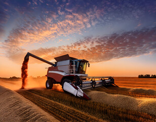 Fototapeta premium a modern agricultural machine in the act of unloading harvested grains in a field, under a striking dusk sky. The image should convey the power and efficiency of modern agriculture, with the vibrant c