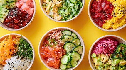 Poke bowls fresh yellow background. Generative AI
