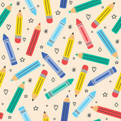 Seamless pattern concept with crayons. School background. Vector illustration