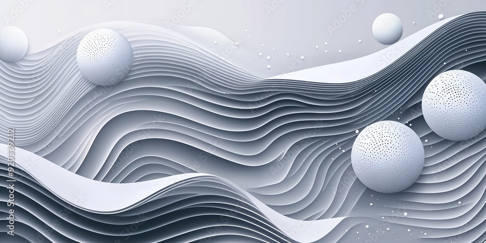 Wall mural abstract white and grey wavy background with spheres floating on it, creating a modern and minimalis