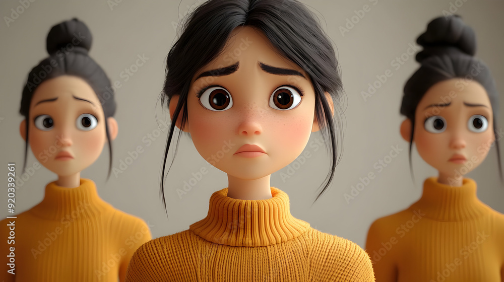Poster A character with a worried expression is flanked by two similar figures, conveying emotion.