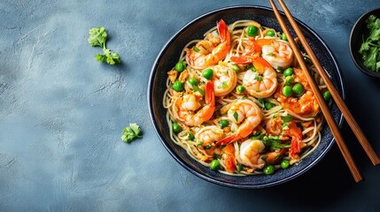 Rice Noodles Shrimps Chopsticks. Generative AI