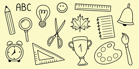 Set with a hand drawn school icons. Cute supply elements. Vector illustration