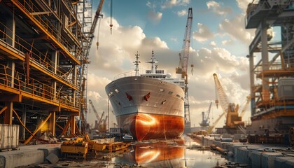 Large ship undergoing construction at a bustling shipyard during sunset