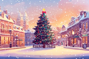 Fototapeta premium Breathtaking Arctic Landscape with a Majestic Christmas Tree at Center Stage on a Christmas Night