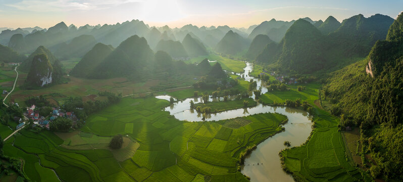 Aerial view of Phong Nam valley with rice field and karst mountain in Cao Bang, Vietnam