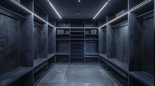 A masculine walk-in closet featuring dark slate shelving and empty recessed compartments.