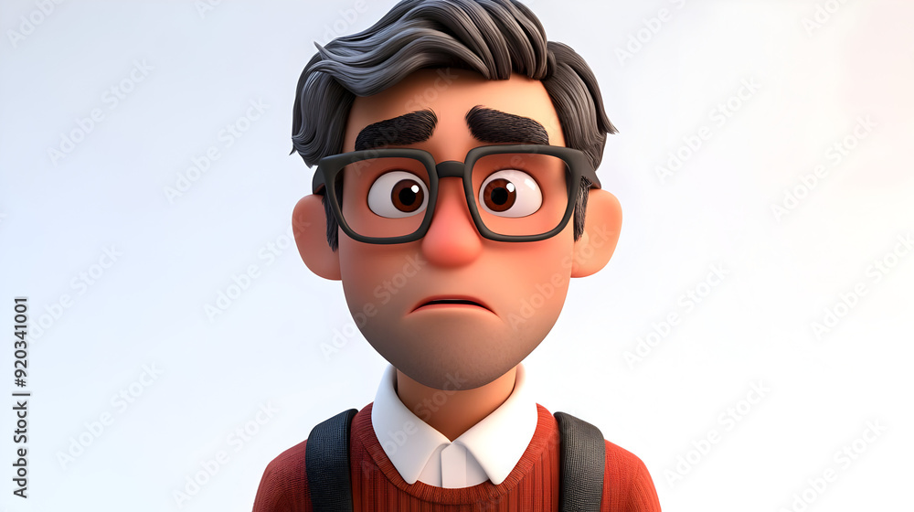 Poster a concerned animated character with glasses and a sweater, expressing worry or uncertainty.