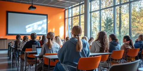 Obraz premium Diverse Students Engaged in a Modern Classroom Environment, generative ai
