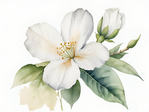 White champaka flower on a white background, White champaka flower painting by watercolor
