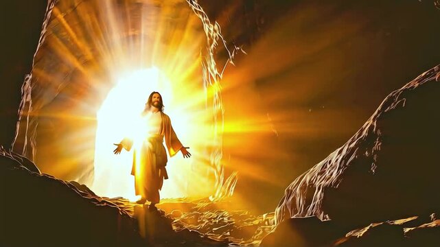 Detailed Artistic Depiction of the Resurrection of Jesus Christ, Capturing the Divine and Holy Moment of His Rising -- 4k new stock video footage AI