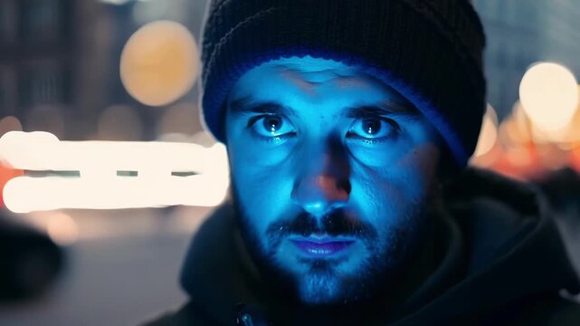 A protesters face lit up by the glow of their smartphone live streaming their occupation of a popular shopping district.
