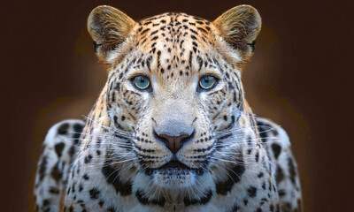 Fototapeta premium Close-up of a leopard's bared face, aggressive eyes, dark background 