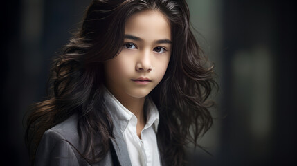 Fototapeta premium Portrait of a cute handsome happy Asian boy child with long hair and perfect skin, silver background, banner.
