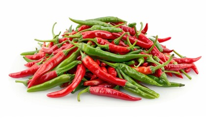 Fresh red and green chili peppers piled high on a white background