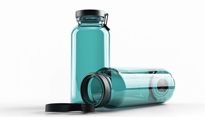 Transparent teal water bottles with black lids on a white background