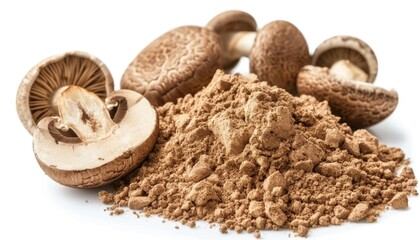 Fresh shiitake mushrooms and powder on white background ready for culinary use