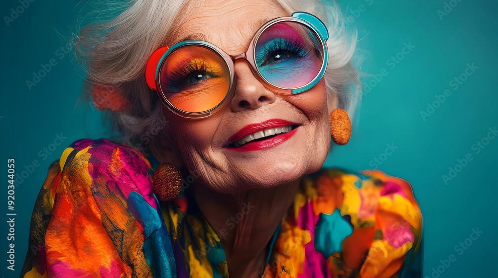 Sticker A joyful elderly woman with colorful glasses and vibrant clothing, radiating happiness.