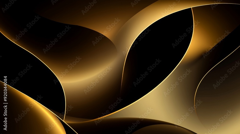 Poster a smooth, abstract design featuring flowing curves in shades of gold and black, creating a modern an