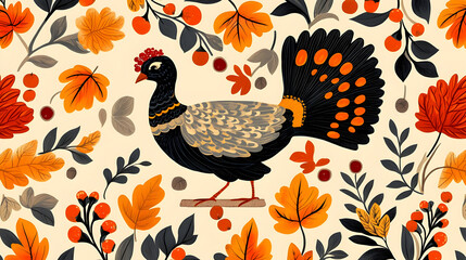 A stylized illustration of a bird surrounded by autumn leaves and berries.