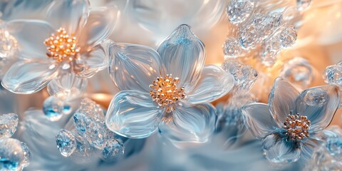 Luxurious crystal clear flowers with golden center blooming in an abstract garden, a beautiful background for various occasions