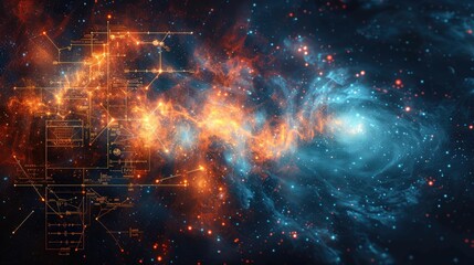 Obraz premium Abstract digital network with glowing lines and nodes over a starry space background.