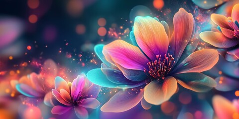 Fototapeta premium Colorful neon flowers are blooming with magical sparkles on a dark background, creating a mesmerizing and enchanting scene that captures the essence of nature's beauty