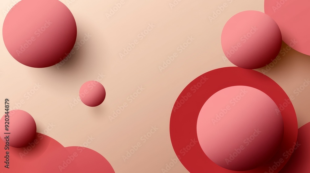 Poster a minimalist abstract design featuring various circular shapes in shades of pink and red against a s