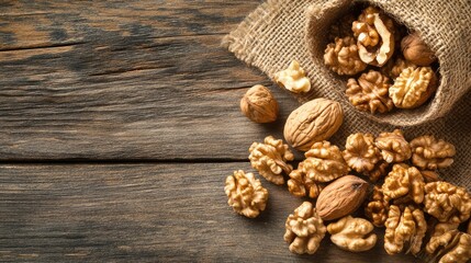 Walnuts on wooden background. Generative AI
