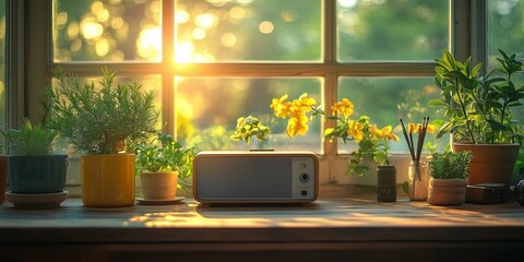 Retro Smart Home Device on Wooden Desk in Morning Light, generative ai
