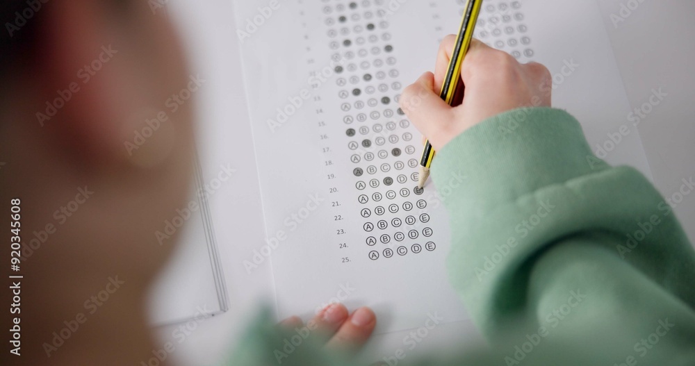 Poster above, exam and person at desk for education, paper and multiple choice assessment at school. studen