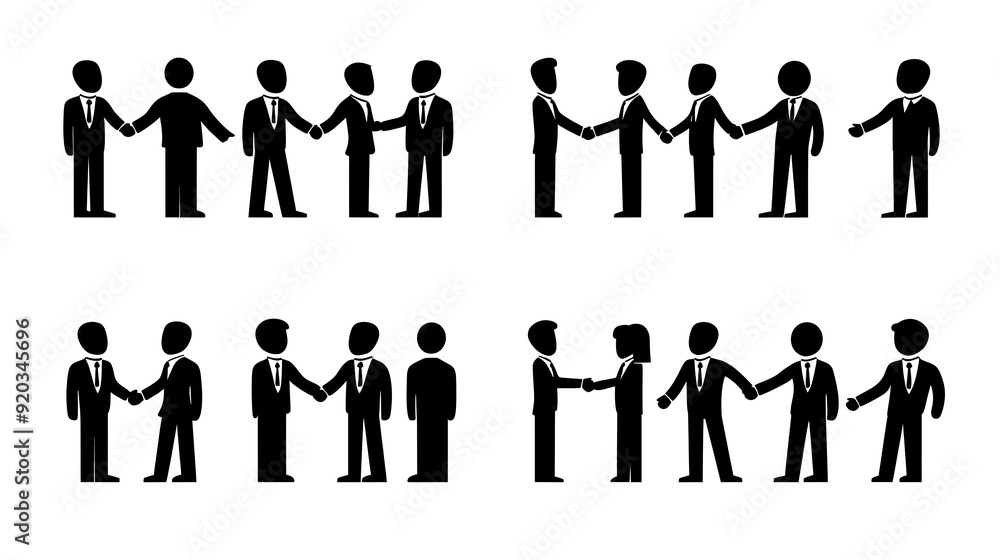 Poster illustration of business interactions and networking through handshake symbols.