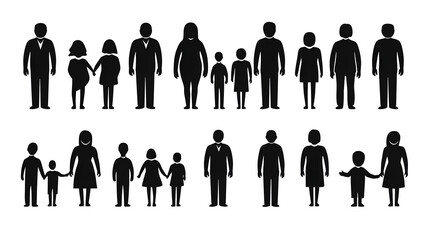 Silhouettes of diverse family groups in various poses and arrangements.