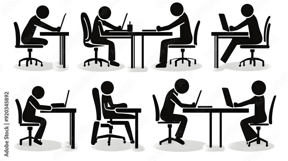 Poster a collection of stick figures working on laptops in various seated positions.