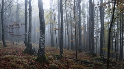 Obraz premium Misty forest in a foggy morning, autumn in the mountains