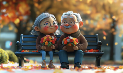 Grandma and Grandpa dolls sitting on a bench in a flower garden.	