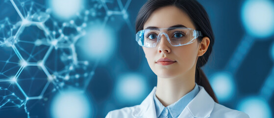 A scientist explores advanced data visualization techniques in a high-tech lab, enhancing biomedicine research with innovative holographic technology.