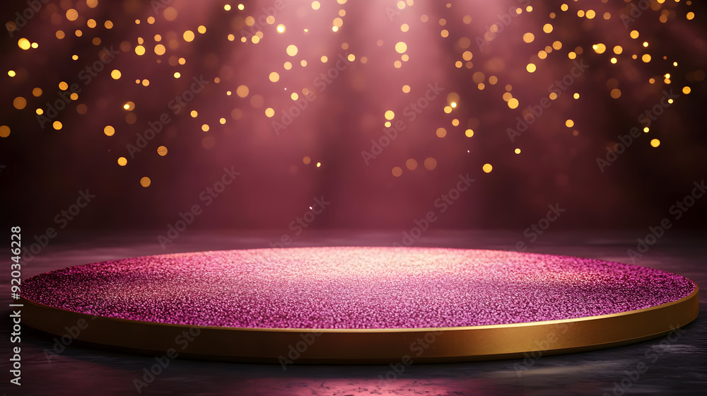 Poster a shimmering stage with a golden edge, illuminated by soft lights and bokeh effects.