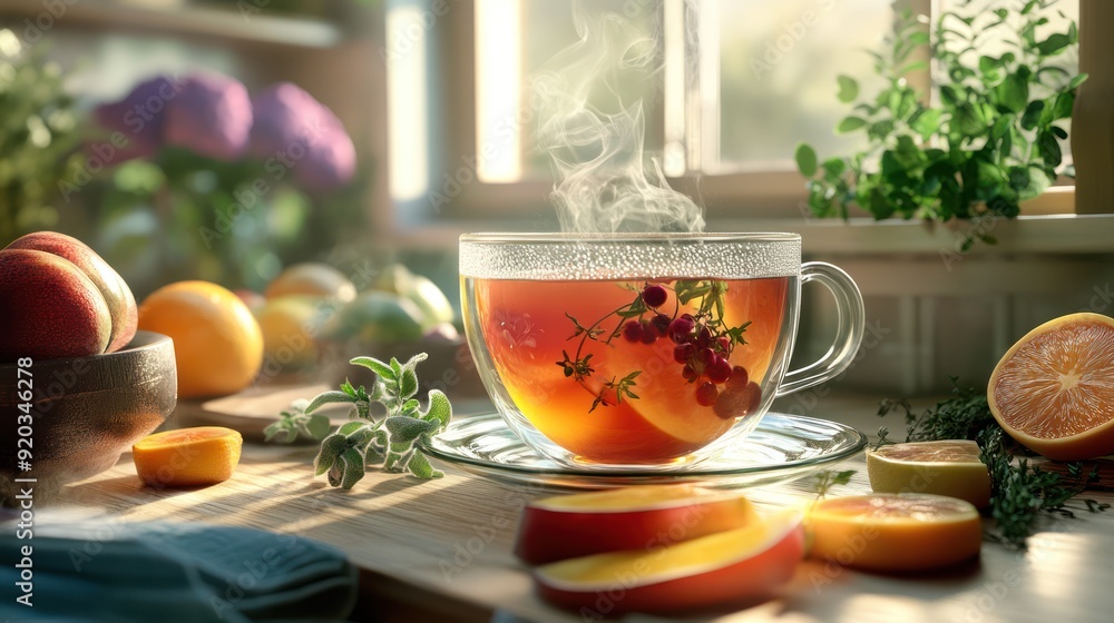 Sticker Aromatic Cup of Tea with Citrus and Berries