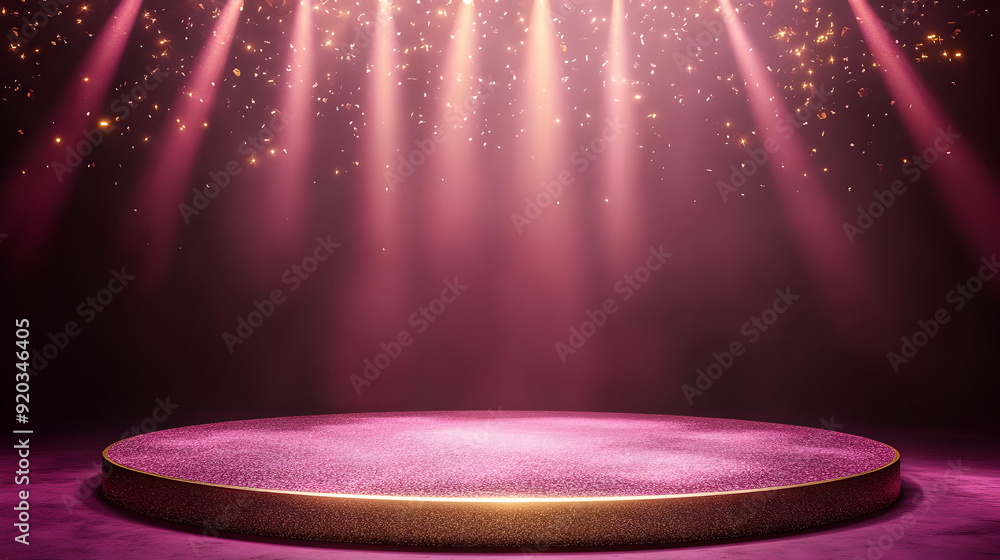 Poster a circular stage illuminated by pink lights and sparkling effects, ready for a performance.