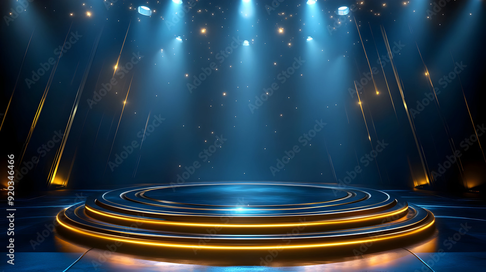Poster a well-lit stage with circular platform and sparkling lights, ideal for performances or events.