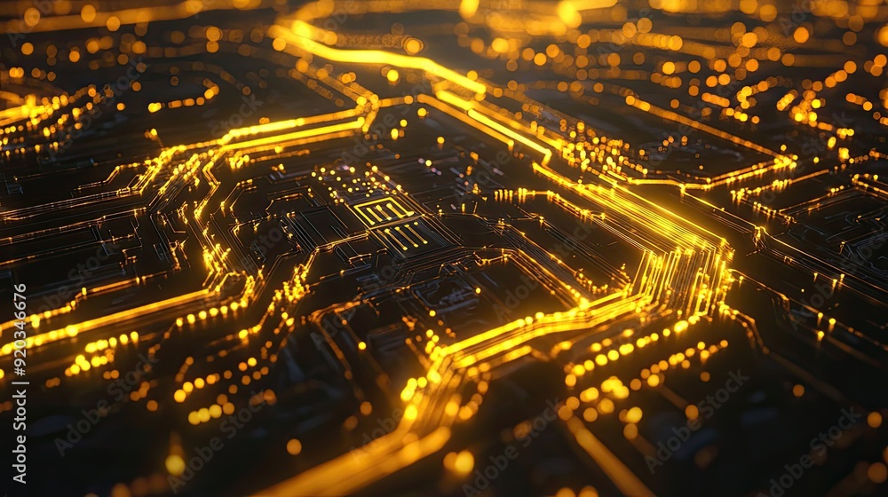 Poster glowing circuit board with yellow lines and bokeh lights