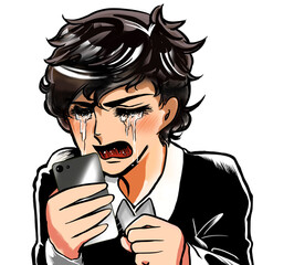 スマホ片手に大泣きする少年の昭和少女漫画風イラスト
