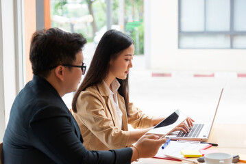 CEO man mentor listening presentation business plan or strategy in the conference with business team.