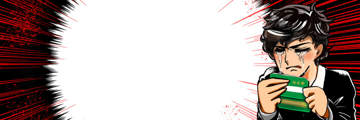 少ない預金残高を見て絶望する少女漫画風男子ワイドサイズイラスト