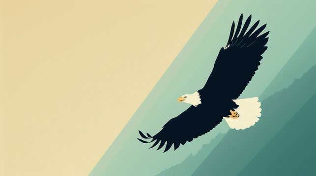 An eagle soaring high in a clear sky, minimalist design, clean lines, 2D vector illustration, simplistic color palette